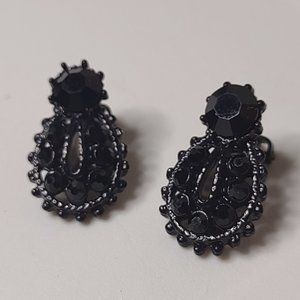 Black Glass And Metal Clip On Earrings